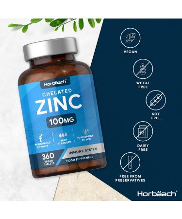 Zinc Tablets 100mg | High Strength Chelated Zinc Supplements | 360 Vegan Tablets | by Horbaach - Buy Online on GoSupps.com