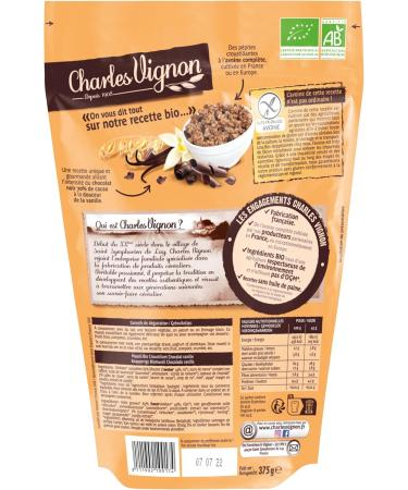 Charles Vignon - Organic Crunchy Chocolate Vanilla Muesli - Gluten Free - 375 g - High in Fiber Made in France Bag - Buy Online on GoSupps.com