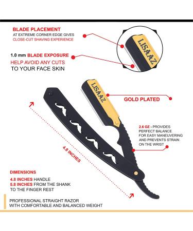Lisaaz Straight Razors for Men - 100 Blades, Black Stainless Steel, Professional Finish - Quality Mens Shaving Razors - Navajas para Barbero - 4.8 inch Matte Black Gold Clip - Buy Online on GoSupps.com