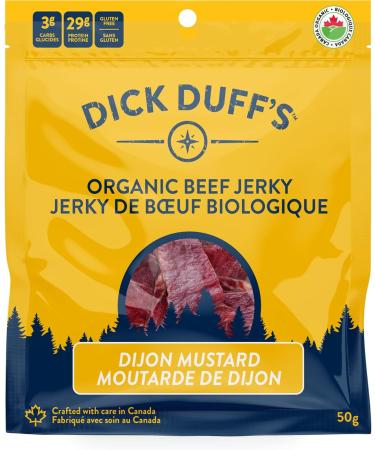 Dick Duff's Organic Jerky - Full Case (12 x 50g) - Made in Canada Beef Jerky - 29g of Protein per Serving - Certified Organic Non-GMO Nitrate Free Keto Friendly Gluten Free (Dijon Mustard) Dijon Mustard 50.00 g (Pack of 12) - Buy Online on GoSupps.com