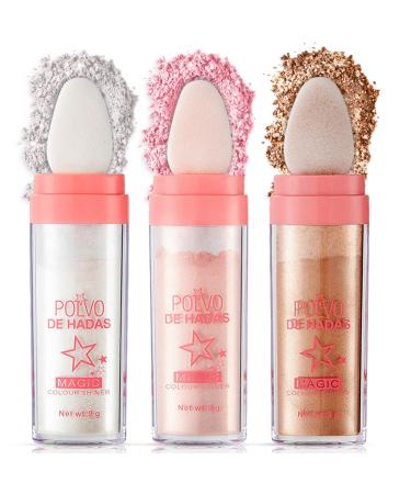 Ofanyia 3pcs Highlighter Powder Stick Polvo de Hadas Highlight Patting Powder Shine Body Brighten Shimmer Three-Dimensional Sparkle Patting Powder for Face Eyes Lips Hair Body Glow Makeup 3 Colors 9 G (1 SPACK)