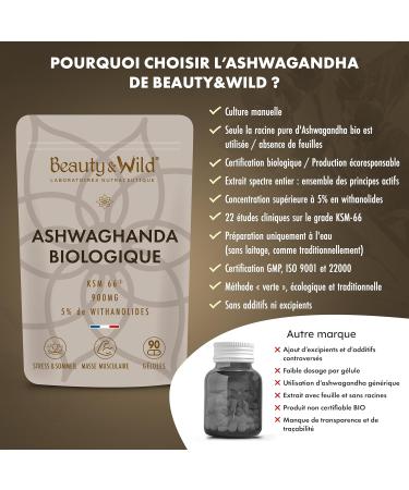 Ashwagandha Bio KSM-66 90 G lules Vegan - 900mg/Jour - Fabriqu en France - Ginseng Indien Extra Fort Anti-Stress Musculation Favorise le Bien- tre Am liore la Qualit du Sommeil Beauty&Wild - Buy Online on GoSupps.com