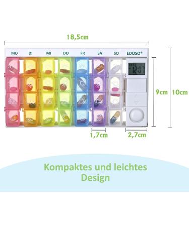 Edoso 7-Day Pill Organizer with Alarm | Weekly Medicine Box & Timer for Memory | German Description | Reinforced Alarm Tone | Colorful Tablet Containers - Buy Online on GoSupps.com