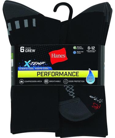 Hanes Men's X-Temp Performance Crew Socks 6-Pack - Size 6-12, Black Color - Buy Online on GoSupps.com