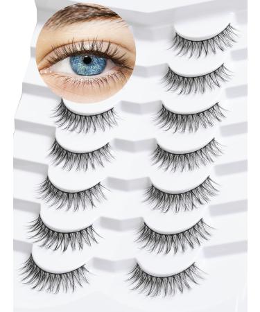 False Eyelashes Natural Look Wispy Lashes 10mm Short Lashes C Curl Strip Lashes 0.1MM Thin Band Lashes Pack Fake Eyelashes Siligli Eyelashes 7 Pair S64 Classic 5-10MM