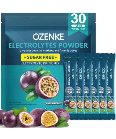 OZENKE 30 Sticks Electrolyte Powder Packets Sugar Free Hydration Packets Electrolytes Drink Mix for Rapid Hydration, Passion Fruit Flavor