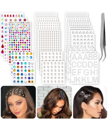 2609 Pieces Hair Gems Hair Jewels Diamonds and Letters Rhinestones with Tweezers Hair Pearls Stick on Self Adhesive Bling Rhinestone Stickers for Crafts Face Eye Nail Clothing 6 Shapes 3-8mm