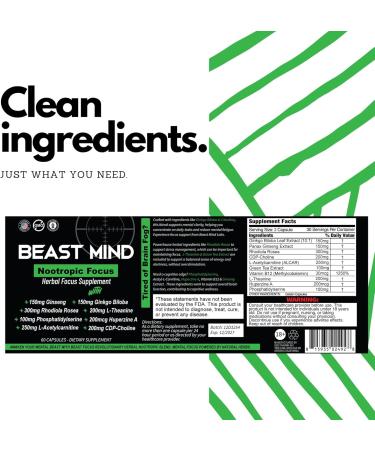 Beast Mind Focus Clarity Nootropic Blend | Ginkgo Biloba | Huperzine A | Rhodiola | Citicoline | L-Theanine | Enhanced Focus & Clarity & Cognitive Function Labs - Buy Online on GoSupps.com