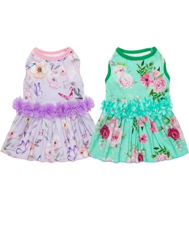 CUSOZWO Small Dog Clothes - 2 Pack Cute Flower Dog Dress for Small Dogs Puppy Cats - Spring Elegant Floral Pattern Princess Skirt Dog Apparel Outfit M: chest 15"-16" neck 11" back 12"