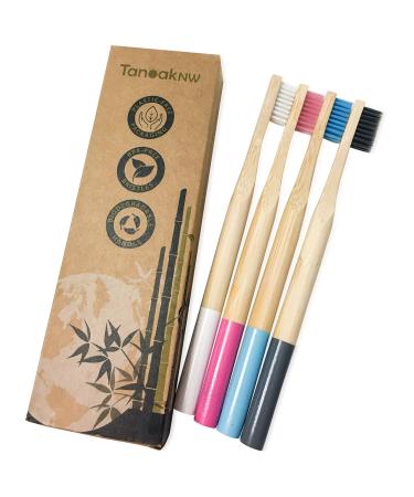 Bamboo Toothbrush Eco-Friendly Packs of 4 Circular Organic Biodegradable handle with BPA-Free Soft Nylon Bristle.