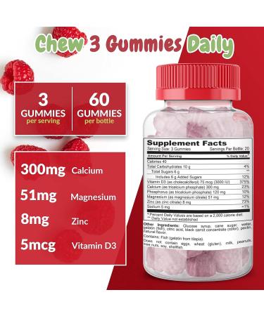 Calcium Magnesium & Zinc + Vitamin D Gummies for Bone & Immune Health | Daily Dietary Supplement for Adults & Teens | Fruity Raspberry Flavor - Buy Online on GoSupps.com