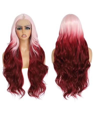 X-Tress 28" Lace Front Wig for Women Pink to Red Color Wig Synthetic Balayage Hair Wig Flamboyage Hair HD Lace Front Pre Plucked Wig Glueless Wig Soft Hair(Pink to Red) Pink & Red