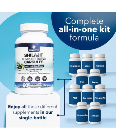 VITAMIZED Himalayan Shilajit for Men & Women - 10 000mg Shilajit Ashwagandha Supplements + Irish Sea Moss Tongkat Ali PQQ & More - 60 Capsules - Buy Online on GoSupps.com