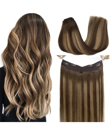 GOO GOO Hair Extensions Wire Hair Extensions 95g Balayage Chocolate Brown to Caramel Blonde 18 Inch Real Hair Extensions with Invisible Fish Line Layered Remy Human Hair Extensions for Women 18 Inch #(4/27)/4 Chocolate Bro