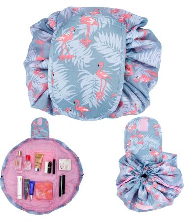 Intirilife Gray Pink Flamingo Cosmetic Bag - 62x54cm Round Travel Organizer with 2 Inner Zip Compartments for Makeup - Stylish Cultural Design - Buy Online on GoSupps.com