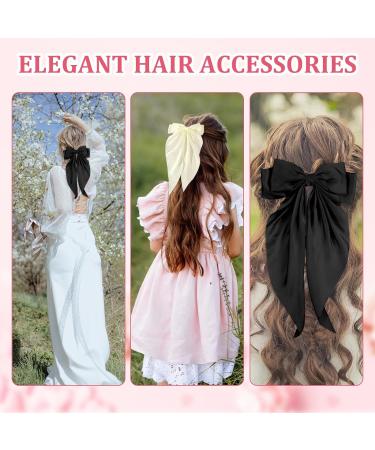 Bow Hair Clip Set for Women - 2 Pcs Black and Creamy-white Satin Hair Bows with Long Hair Slides - Bowknot Hairpin Accessories - Buy Online on GoSupps.com