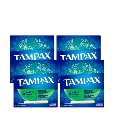 Tampax Tampons, Super Absorbency, Cardboard Applicator, Leakgaurd Skirt, Unscented, 20 Count X 4 Packs (80 Count Total) 20 Count (Pack of 4) Super - Buy Online on GoSupps.com