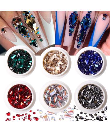 6 Boxes of Mixed Colors Nail Art Rhinestone Set RODAKY Red Green Blue Champagne Gold Crystal Rhinestones for Nail Design Crystals Gems Diamonds with Acrylic Nail Art Decoration Crafts DIY (S1)