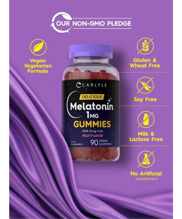 Carlyle Melatonin 1mg Gummies | 90 Count | Fruit Flavor Gummy Supplement | Vegan Non-GMO Gluten Free - Buy Online on GoSupps.com