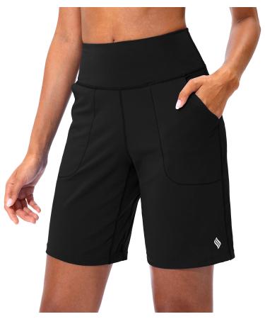 SANTINY Bermuda Shorts for Women with Zipper Pocket Womens High Waisted Long Shorts for Running Workout Athletic Black Large