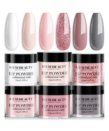 AZUREBEAUTY Dip Powder Nail Set, 6 Colors Classic Nude Collection Skin Tone Glitter Pastel Dipping Powder Starter Kit French Nail Art Manicure DIY Salon Home Gifts for Women, No Need Nail Lamp Cured A-Romantic Nude Pink