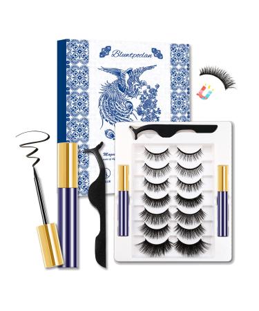 Magnetic Eyelashes with Eyeliner Kit, Bluwtpoclan 7 Pairs Reusable Magnetic Lashes, Upgraded False Lashes Kit with Lash Tweezers Inside, Waterproof & Natural Look(7-Pairs) LV5