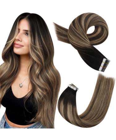 Moresoo invisible tape extensions real hair dark brown hair extensions tape in 45 cm black to dark brown with gold blond ombre tape in hair extension real hair/50g #1b/4/14 45 cm 2. 1b/4/14/14