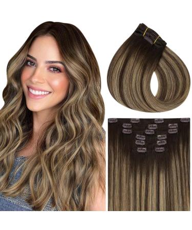 Vivien real hair clip extensions remy clip in real hair extensions brown clip in real hair extensions balayage dark brown with caramel blond #4/27/4 55cm 7PCs/140g 22 inch-140g clip 1-1 CP #4/27/4