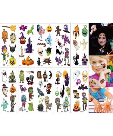 60+Patterns Cosplay Temporary Tattoos for Kids Adults  Realistic Cute Cartoon Pumpkin Monster Black Cat Ghost Waterproof Temporary Face Body Tattoo Sticker Masquerade Party Prank Makeup Props for Children (Halloween 02)