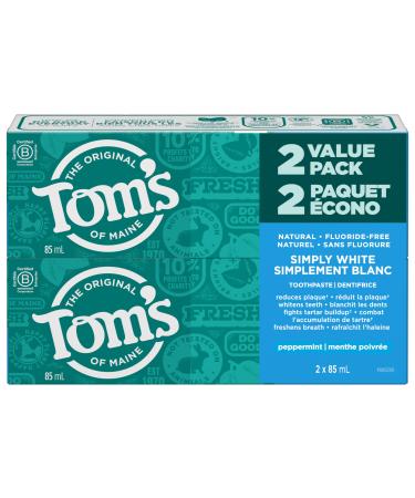 Tom's of Maine Simply White - Refreshing Peppermint - Fluoride-Free Natural Whitening Toothpaste Fights Tarter and Plaque to Whiten Teeth Naturally - 2 Pack 85 mL