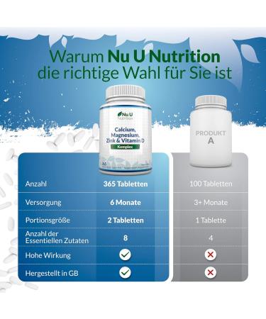 Calcium Magnesium Zinc & Vitamin D3 - 365 Vegetarian Tablets | High-Dose 800mg Calcium Complex | Nu U Nutrition - International Shipping Available - Buy Online on GoSupps.com