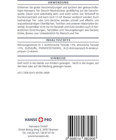 HansePro Animal Odor Neutralizer 500ml | Odor Remover & Stain Eliminator for Cat & Dog Urine | Effective Odor Killer - Buy Online on GoSupps.com