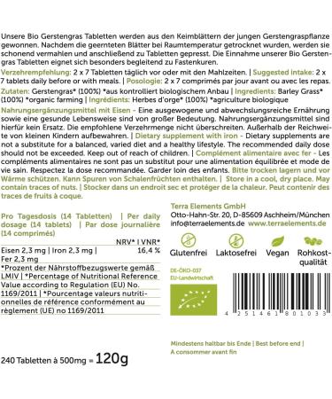 Terra Elements Organic Barley Grass Tablets - 500mg 240 pcs | Vegan Pure Rich in Iron Raw Food | International Shipping - Buy Online on GoSupps.com