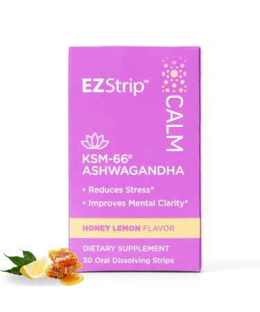 EZStrip Calm Supplement - Honey Lemon Flavor 30 Count - Dissolving Calming Strips with Ashwagandha KSM 66 Help Support Stress Relief - Made in The USA Sugar and Gluten-Free