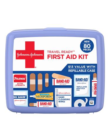 Johnson & Johnson Travel Ready Portable Emergency First Aid Kit for Minor Wound Care with Assorted Adhesive Bandages, Gauze Pads & More, Ideal for Travel, Car & On-The-Go, 80 pc