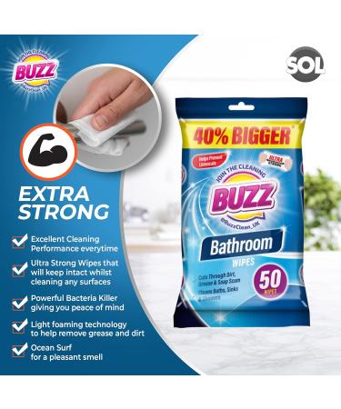 200pk Buzz Bathroom Wipes | Powerful Antibacterial Cleaning Wipes for Bathroom | Removes Soap Scum, Limescale | Large & Strong Toilet Wipes - Buy Online on GoSupps.com