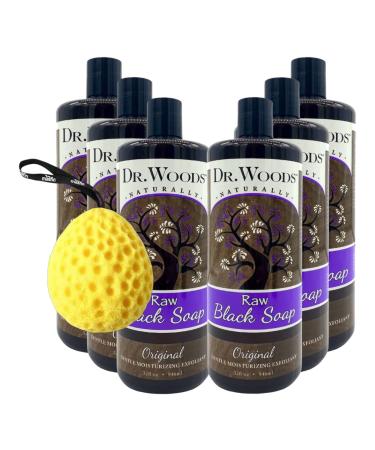 Raw Black Soap 32 Ounce Moisturizing Natural African Black Soap Bundled With Bath Sponge Black Body Soap With Shea Butter Multi-Purpose Sulfate Paraben-Free Pack Of 6