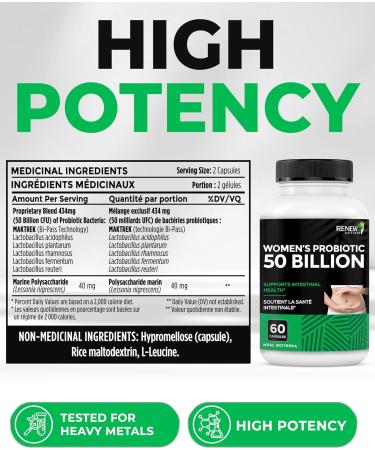 RENEW ACTIVES Probiotics for Women 50 Billion CFU per 2 Capsules MAKTREK Technology 4 Probiotic Strains & Prebiotic Blend Supports Digestion Health & Gut Flora Balance Made in Canada 60 Capsules - Buy Online on GoSupps.com