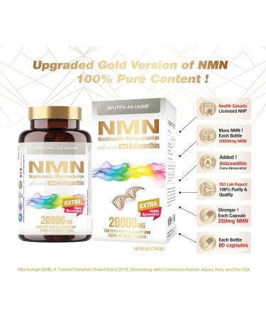 Vita-NuAge - NMN20000 Enhanced with 98% Trans-Resveratrol & Astaxanthin 100% Ultra High Purity 250mg NMN per Capsule for a Powerful NAD+ Boost. Elevate Cellular Energy Fortify Immunity and Embrace Healthy Aging (80 Count - Pack of 2) - Buy Online on GoSupps.com