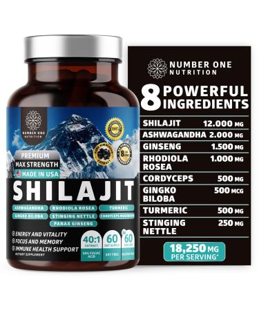 Pure Himalayan Shilajit for Women and Men 50% Fulvic Acid Better Than Resin with Ashwagandha, Ginseng, Turmeric, Gingko Biloba, Stinging Nettle, Cordyceps to Support Energy & Immunity, 60Caps