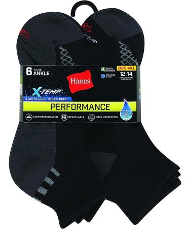 Hanes Men's X-Temp Performance Ankle Socks 6-Pack (12-14) Black/Grey - Buy Online on GoSupps.com