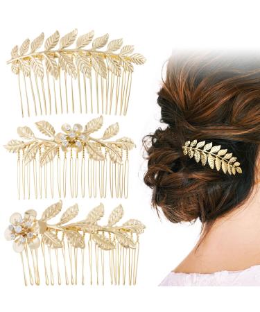 PAGOW 3 PCS Leaf Hair Combs  Gold Rhinestone Pearl Hair Comb Clips  Hair Side Comb Clips  Faux Pearl Crystal Wedding Headpiece Hair Accessories For Women  Girls  Bride  Bridesmaid (3 Different Size)