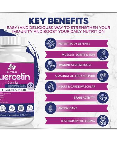 BioVitalica Quercetin Gummies - Immune Support with Bromelain, Vitamin C, Zinc, Elderberry & D3 - 750mg for Kids & Adults - Buy Online on GoSupps.com