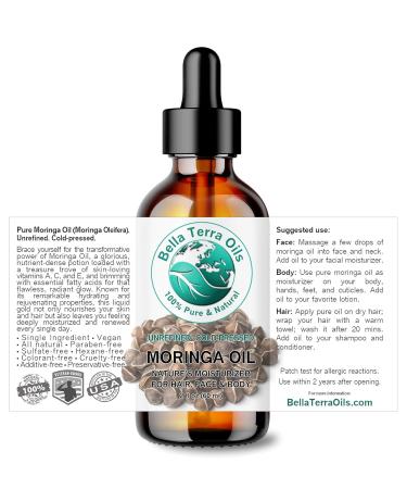 Organic Moringa Seed Oil - Bella Terra Oils | Cold-Pressed Facial Elixir | 2 oz | High in Vitamins A C & E for Radiant Beauty - Buy Online on GoSupps.com