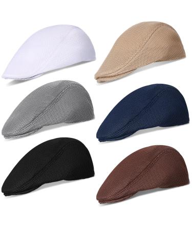 Geyoga 6 Pieces Men's Mesh Flat Cap Breathable Summer Newsboy Hat Cabbie Flat Cap Blue, Black, White, Brown, Light Gray, Khaki