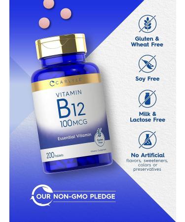 Carlyle Vitamin B12 100mcg - 200 Tablets | Vegan, Non-GMO, Gluten Free - Essential Supplement - Buy Online on GoSupps.com