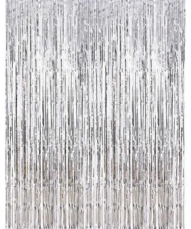 2 Pcs 3.2ft x 8.2ft Shiny Silver Metallic Tinsel Foil Fringe Curtains Photo Booth Backdrop for Birthday Wedding Holiday Celebration Bachelorette Party Decorons (Silver)