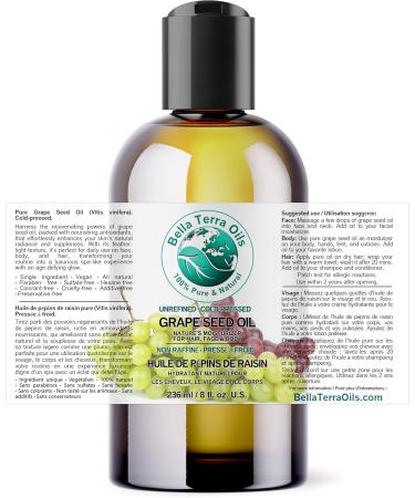 Pure Grape Seed Oil 236 ml Antioxidant-Rich Lightweight Radiant Skin Frizz-Free Hair Silky Touch Bella Terra Oils 236 ml (Pack of 1) - Buy Online on GoSupps.com