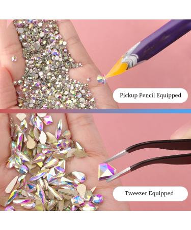 Multi Shapes 3D Glass AB Crystal Nail Art Rhinestones Kit with Flatback Round Bead Charm Gem Stone Jewelry Diamond with Pickup Pen + Tweezer for Manicure Craft Decoration by BELLEBOOST (Iridescent) 01-Round and Multi-Shape - Buy Online on GoSupps.com