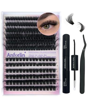 Lash Extension Kit Anforlin Fluffy Eyelash Extension Kit with 210PCS 80D+100D 8-16mm Lash Clusters Lash Bond&Seal and Lashes Tweezers DIY Individual Eyelashes Kit for Beginner DIY at Home KIT-80D+100D-210Pcs-(8-16MM)